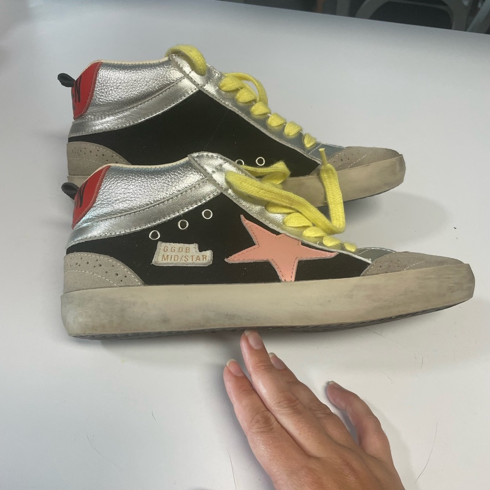 Golden Goose Black and Silver Sneakers with Yellow Laces